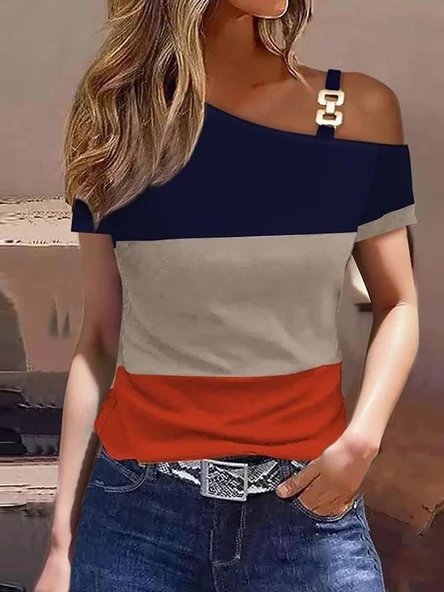 Kadın Kısa Kollu Tek Omuzu Açık Toka Detaylı çok Renkli Viskon Bluz ürün görseli