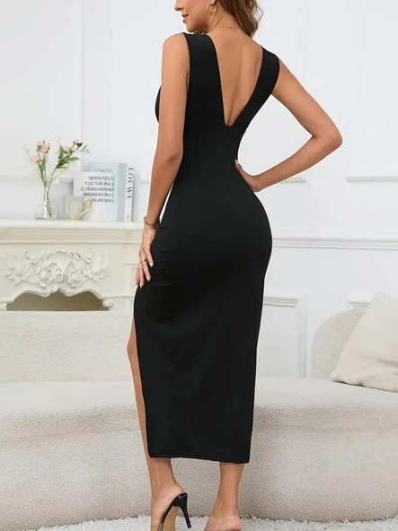 Kadın Askılı Derin V Dekolteli Yırtmaçlı Janjan Krep Elbise - Resim 6