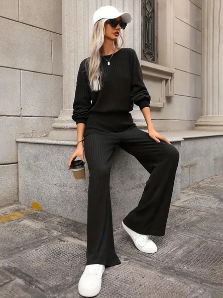 Kadın Uzun Kollu Bisiklet Yaka şardonlu Dalgıç Bluz Ve Pantolon Ikili Takım - Resim 5