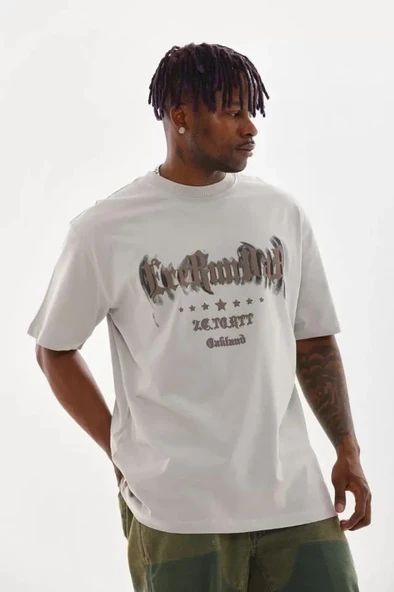 Unisex Baskılı Oversize T-Shirt - Gri - Resim 3