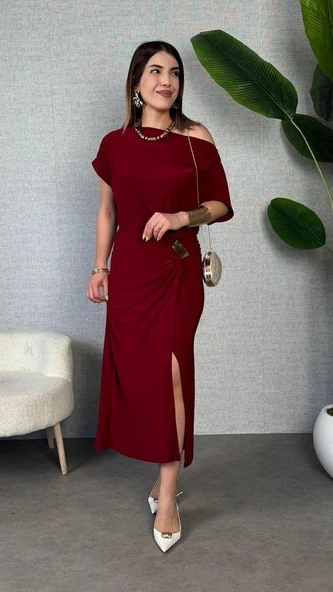 Kadın Kısa Kollu Tek Omuzdan Açık Beli Lastikli Sandy Maxi Elbise ürün görseli