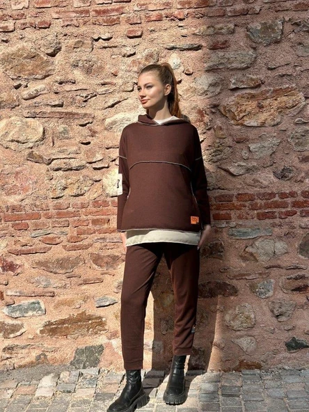 Kadın Kahve Kapşonlu Etek Ucu Detay Arma Ters Dikiş Gorunumlu Ikili Takım ürün görseli