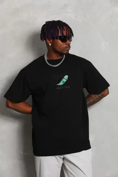 Unisex Oversize Baskılı Bisiklet Yaka T-Shirt - Siyah ürün görseli