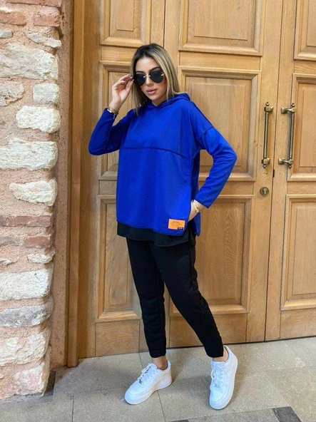 Kadın Kapşonlu Etek Ucu Detay Armalı Ters Dikiş Gorunumlu Ikili Takım - Resim 2