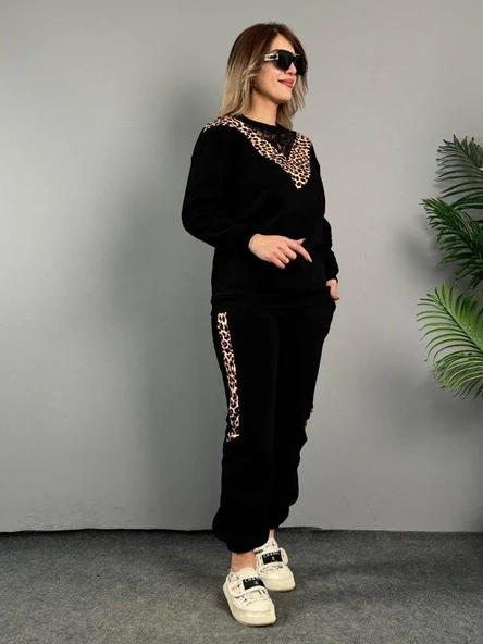 Kadın üç Iplik Kumaş Leopar Desenli Dantel Detaylı Ikili Takım - Resim 2