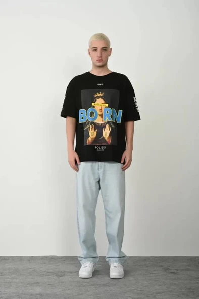 Unisex Baskılı Bisiklet Yaka Oversize T-Shirt - Siyah - Resim 3