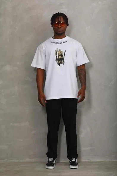 Unisex Oversize Baskılı Bisiklet Yaka T-Shirt - Beyaz - Resim 4