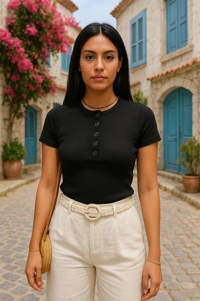 Kadın Kısa Kollu Yuvarlak Yakalı Düğme Detay Kaşkorse Bluz - Resim 10