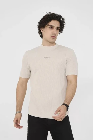 Unisex Bisiklet Yaka Slim Fit T-Shirt- Bej - Resim 4