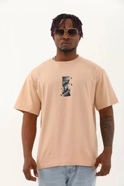 Unisex Oversize Baskılı Bisiklet Yaka T-Shirt - Bej - Resim 2