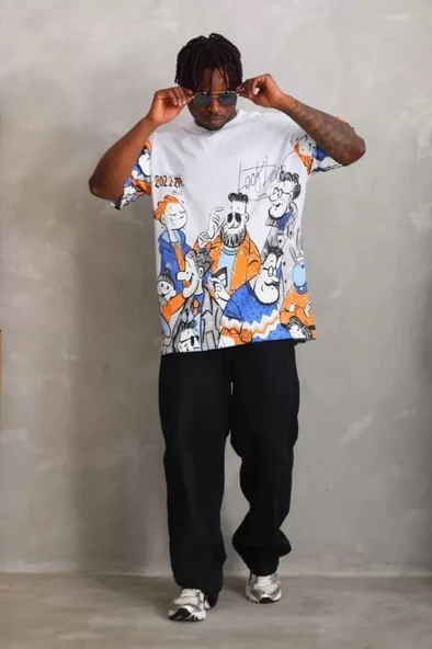 Unisex Oversize Baskılı Bisiklet Yaka T-Shirt - Beyaz - Resim 3