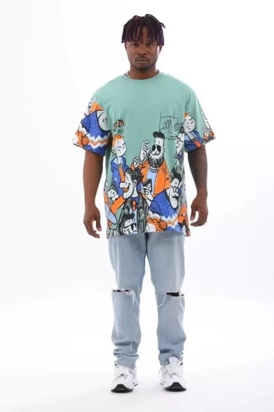 Unisex Oversize Baskılı Bisiklet Yaka T-Shirt - Mint Yeşili ürün görseli