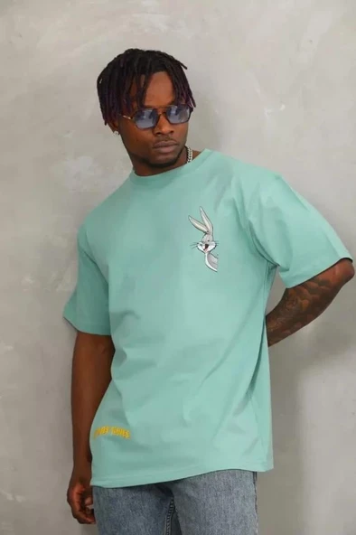 Unisex Oversize Baskılı Bisiklet Yaka T-Shirt - Mint Yeşili - Resim 3