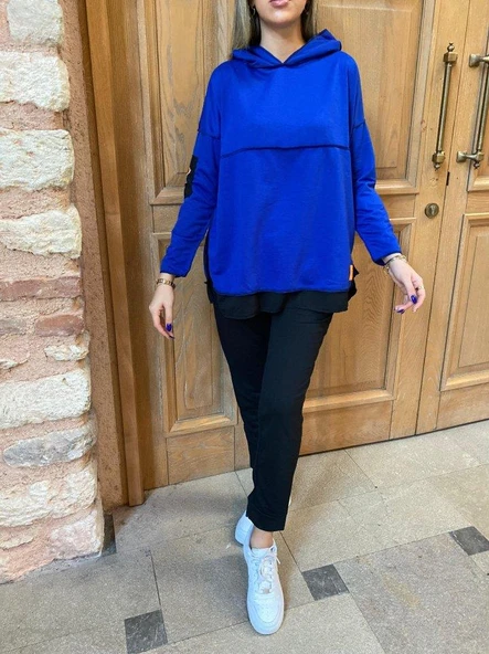 Kadın Kapşonlu Etek Ucu Detay Armalı Ters Dikiş Gorunumlu Ikili Takım - Resim 4