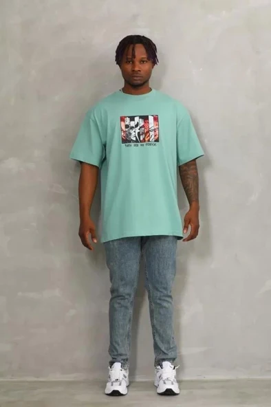 Unisex Oversize Baskılı Bisiklet Yaka T-Shirt - Mint Yeşili - Resim 4