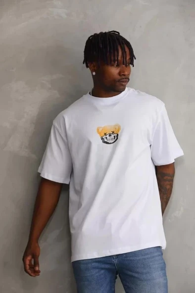 Unisex Baskılı Oversize T-Shirt - Beyaz ürün görseli