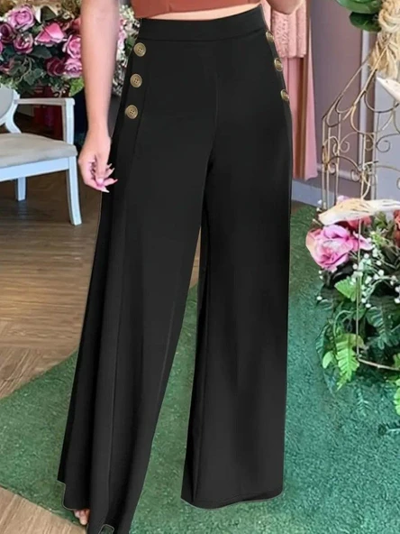 Kadın Yüksek Bel Yan Düğme Detaylı Geniş Paçalı Ithal Krep Pantolon ürün görseli