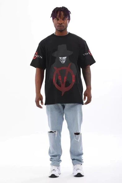 Unisex Oversize Baskılı Bisiklet Yaka T-Shirt - Siyah ürün görseli