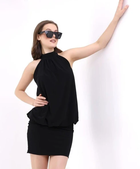 Kadın Yüksek Yaka Büzgü Detaylı Şifon Garnili Sandy Kumaş Fırsat Ürün Diz Üstü Elbise - Resim 3