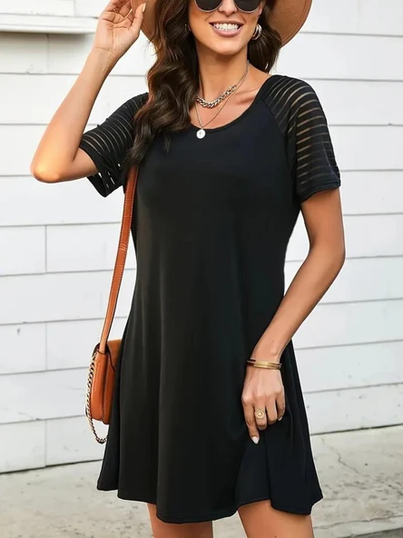 Kadın Kısa Kollu Yuvarlak Yaka şerit Kol Detaylı Viskon Elbise ürün görseli