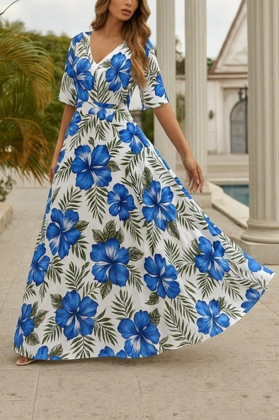 Kadın Kısa Kollu V Yakalı Desenli Süprem Elbise - Resim 3