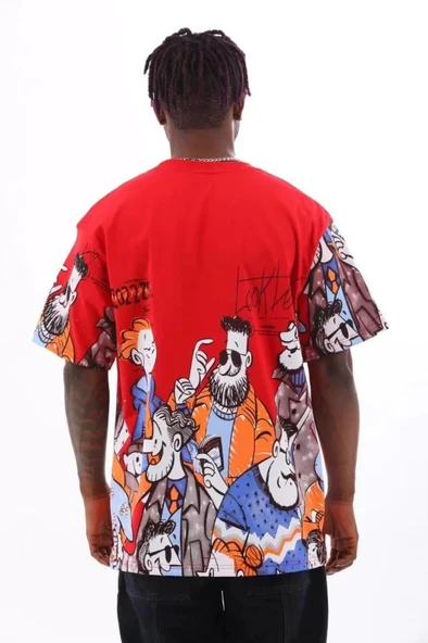 Unisex Oversize Baskılı Bisiklet Yaka T-Shirt - Kırmızı - Resim 2