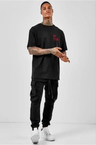 Unisex Bisiklet Yaka Oversize Baskılı T-Shirt - Siyah - 2