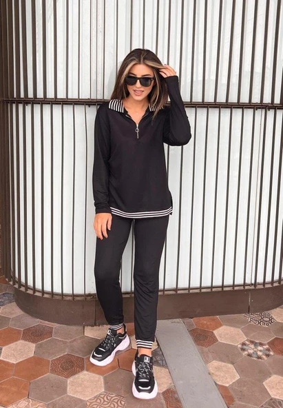 Kadın Uzun Kollu Ribana Ve Fermuar Detay Bluz Ve Yüksel Bel Pantolon 2li Takım - Resim 3