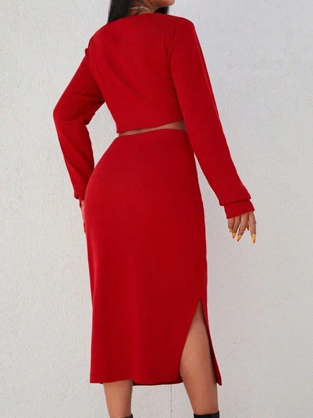 Kadın Kırmızı Kaşkorse Kumaş İkili Takım - Resim 3