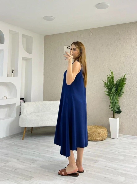 Kadın Askılı Yuvarlak Yakalı Asimetrik Kesim Detaylı Viskon Elbise - Resim 2