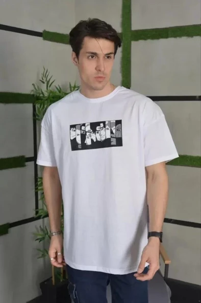 Unisex Bisiklet Yaka Baskılı Oversize T-Shirt - Beyaz - Resim 3