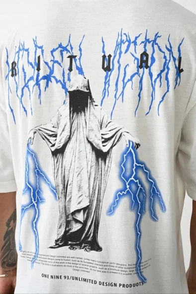 Unisex Baskılı Oversize T-Shirt - Beyaz - Resim 4