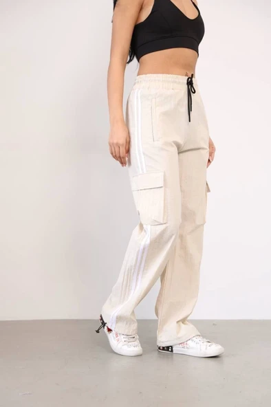 Praşut Kumaş Kargo Çeplı Baggy Esofman - Bej - Resim 2