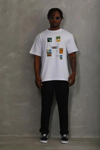 Unisex Oversize Baskılı Bisiklet Yaka T-Shirt - Beyaz - Resim 4