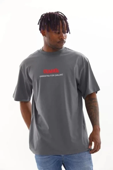 Unisex Baskılı Oversize T-Shirt - Füme - Resim 4