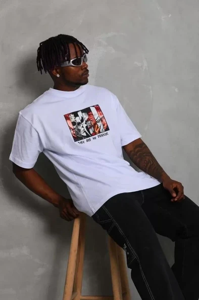 Unisex Oversize Baskılı Bisiklet Yaka T-Shirt - Beyaz - Resim 3