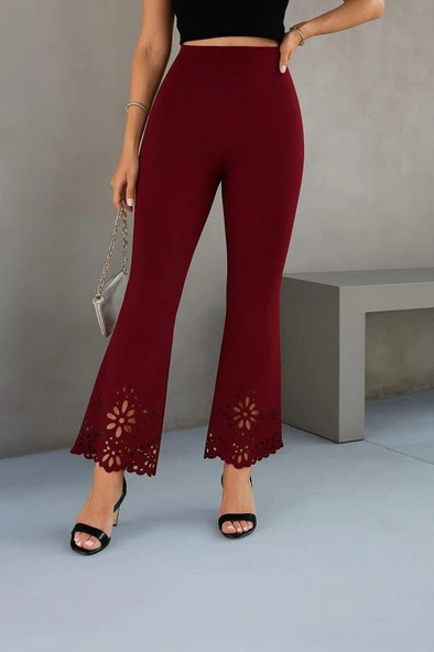 Kadın Yüksek Bel Paçaya Doğru Genişleyen Lazer çiçek Kesim Detaylı Ithal Krep Pantolon ürün görseli