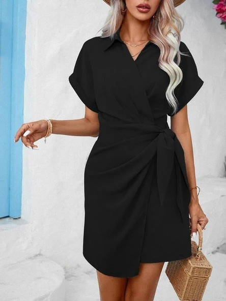 Kadın Kısa Kollu Yakalı Yandan Bağlamalı Dokuma Elbise - Resim 3