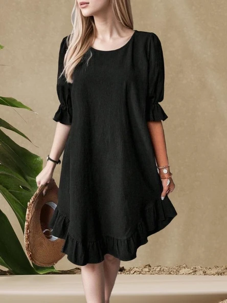 Kadın Kısa Kollu Kol Ve Eteği Volanlı Bisiklet Yaka Aerobin Elbise - Resim 9