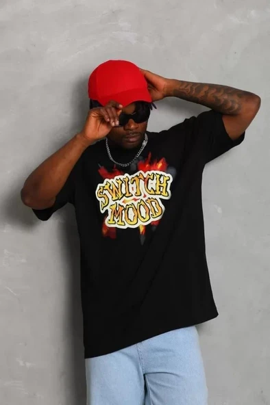 Unisex Oversize Baskılı Bisiklet Yaka T-Shirt - Siyah - Resim 4