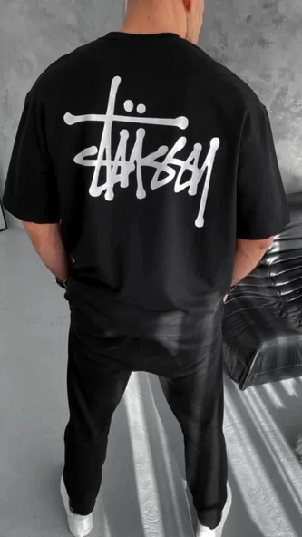 Unisex Bisiklet Yaka Baskılı Oversize T-Shirt - Siyah - Resim 2