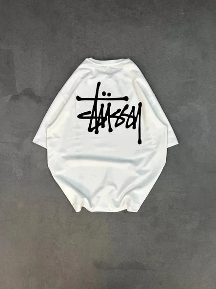 Unisex Bisiklet Yaka Baskılı Oversize T-Shirt - Beyaz - Resim 4