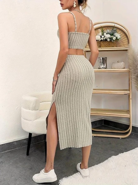 Kadın Kolsuz Askılı Crop Yırtmaçlı Midi Etek Fitilli Kaşkorse Takım - Resim 4