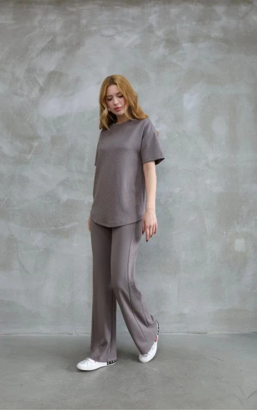 Osy Modal Yumuşak Dokulu Kumaş Bisiklet Yaka Taş Detaylı Kısa Kollu Takım - Vizyon ürün görseli