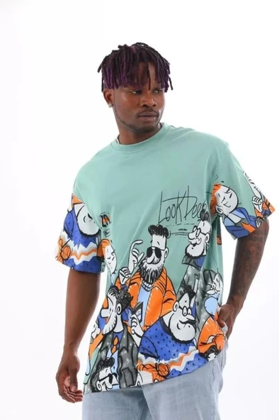 Unisex Oversize Baskılı Bisiklet Yaka T-Shirt - Mint Yeşili - Resim 4