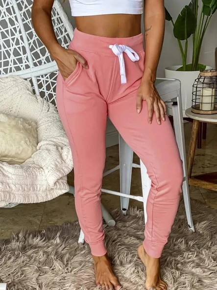 Kadın Kısa Kollu Madonna Yaka Viskon Crop Bluz Cepli Iki Iplik Eşofman Takım - Resim 5