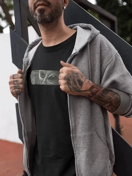 Unisex Bisiklet Yaka Baskılı Oversize T-Shirt - Siyah ürün görseli