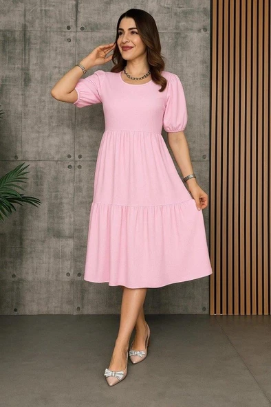 Kadın Kısa Kollu Yakası Açık Katlı Bürümcük Balon Elbise ürün görseli