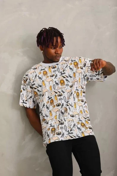 Unisex Oversize Baskılı Bisiklet Yaka T-Shirt - Beyaz - Resim 4