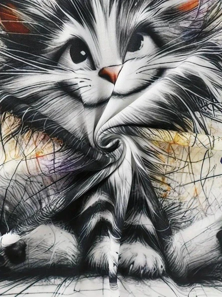 Kadın Kısa Kollu Bisiklet Yaka Kedi Baskılı Süprem Bluz - Resim 2